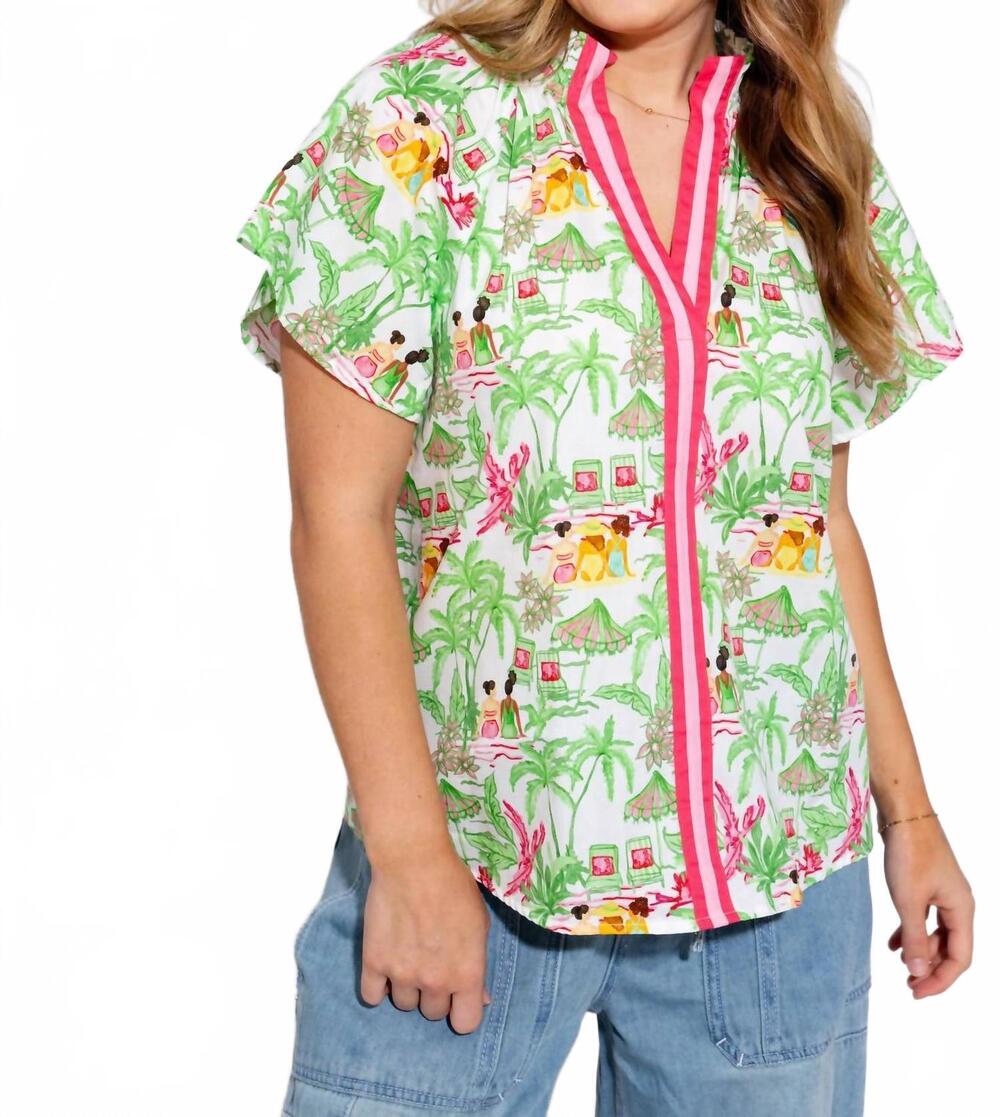 NEW THML vacation scene print top in green pink